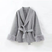 Celine | Wool Blend Belted Coat with Faux Fur Cuffs