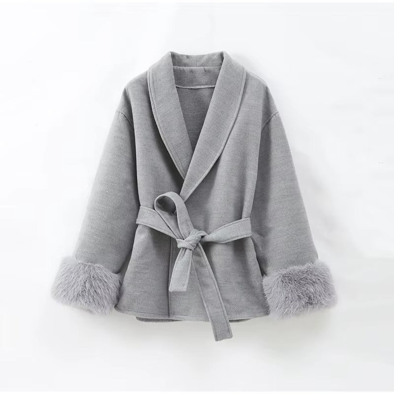 Celine | Wool Blend Belted Coat with Faux Fur Cuffs