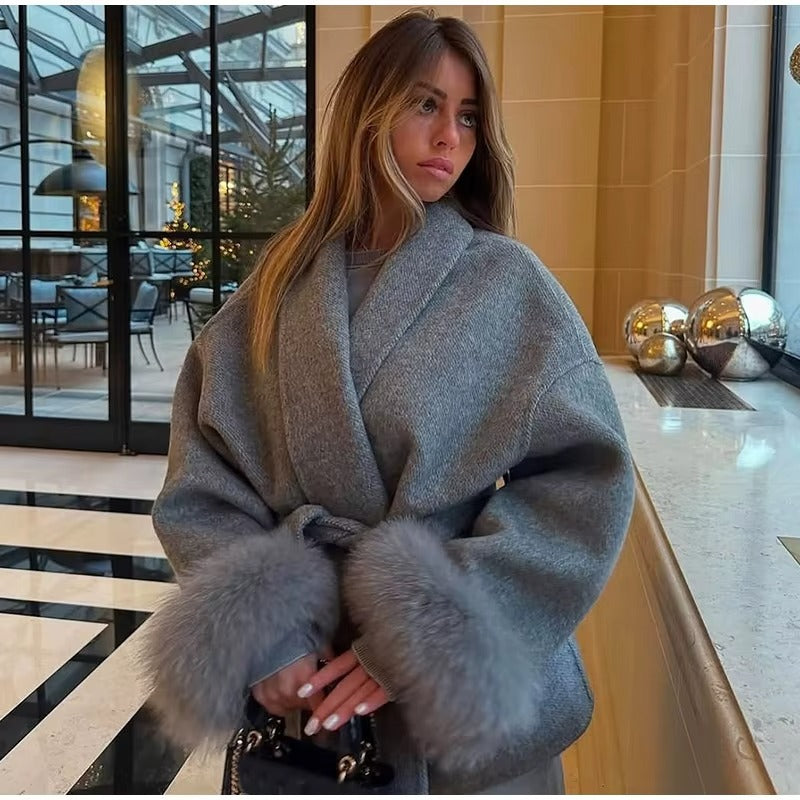 Celine | Wool Blend Belted Coat with Faux Fur Cuffs