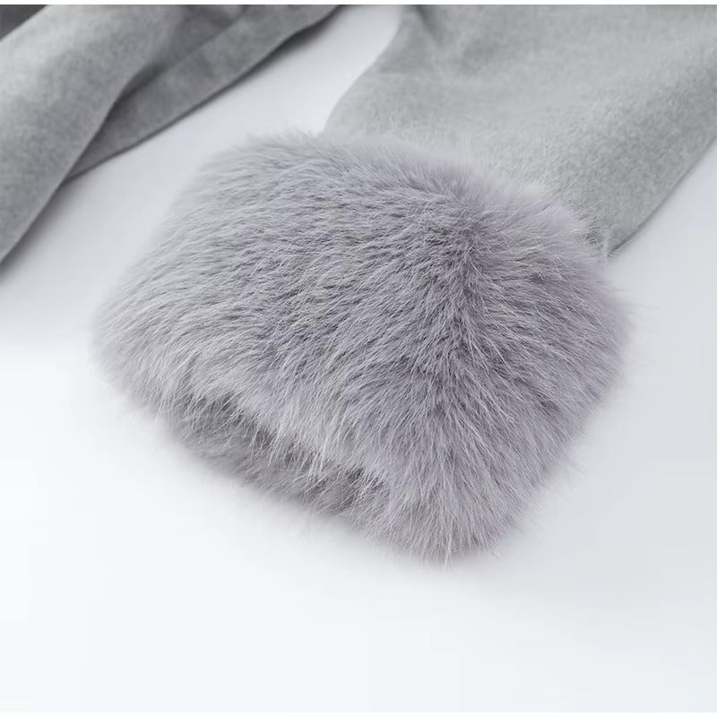 Celine | Wool Blend Belted Coat with Faux Fur Cuffs
