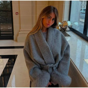 Celine | Wool Blend Belted Coat with Faux Fur Cuffs