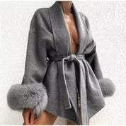 Celine | Wool Blend Belted Coat with Faux Fur Cuffs
