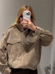 Greta - Women's Autumn Winte Suede Moto Jacket with Zipper Pockets and Lapel Collar